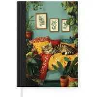 MuchoWow Notitieboek - Schrijfboek - Kat - Planten - Groen - Notitieboekje klein - A5 formaat - Schrijfblok