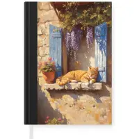 MuchoWow Notitieboek - Schrijfboek - Kat - Stenen vensterbank - Bloemen - Notitieboekje klein - A5 formaat - Schrijfblok