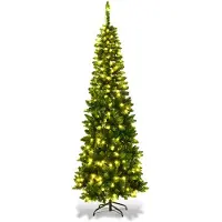 Costway Kunstkerstboom van 135, 200 of 225 cm hoog, dennenboom, met warmwitte kerstverlichting, ledlampjes, inklapbaar, met metalen standaard, pvc-naalden, Kerstmis, groen (225 cm)
