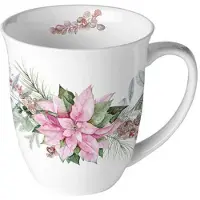 Ambiente - mok-beker met oor - porselein - pointsetta - kerstroos - roze - fine bone china - kado - winter