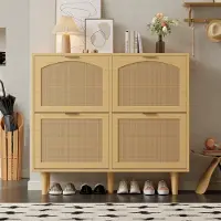 SINGULARITY Schoenenkast - Met 4 Uitklapbare Laden - Rotan Schoenenkast - Metalen Handvat - Houten Meubels - Rustieke Stijl - Afmetingen: 100 x 25 x 90 cm - Natuurlijke Kleur