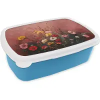 MuchoWow Broodtrommel Blauw - Lunchbox Bloemenboeket - Fijne details - Roze - Brooddoos 18x12x6 cm - Brood lunch box - Broodtrommels voor kinderen en volwassenen