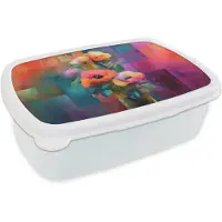 MuchoWow Broodtrommel Wit - Lunchbox Geometrische kleurvlaken - Modern - Fantasiebloemen - Brooddoos 18x12x6 cm - Brood lunch box - Broodtrommels voor kinderen en volwassenen