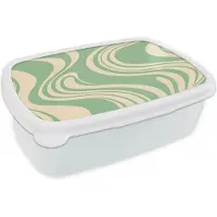 MuchoWow Broodtrommel Wit - Lunchbox Golvende lijnen - Mintgroen - Dansende vormen - Brooddoos 18x12x6 cm - Brood lunch box - Broodtrommels voor kinderen en volwassenen