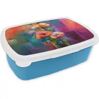 MuchoWow Broodtrommel Blauw - Lunchbox Geometrische kleurvlaken - Modern - Fantasiebloemen - Brooddoos 18x12x6 cm - Brood lunch box - Broodtrommels voor kinderen en volwassenen
