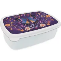 MuchoWow Broodtrommel Wit - Lunchbox Sierlijk - Bloemen - Vlinder - Paars - Brooddoos 18x12x6 cm - Brood lunch box - Broodtrommels voor kinderen en volwassenen
