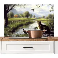 KitchenYeah Spatscherm keuken 100x65 cm - Kookplaat achterwand Kat - Beekje - Weide - Muurbeschermer - Spatwand fornuis - Hoogwaardig aluminium