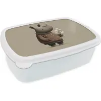 MuchoWow Broodtrommel Wit - Lunchbox Neushoorn - Witte bloemen - Lief - Brooddoos 18x12x6 cm - Brood lunch box - Broodtrommels voor kinderen en volwassenen