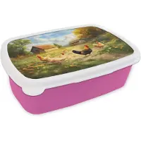 MuchoWow Broodtrommel Roze - Lunchbox Kippen - Landelijke rust - Natuur - Brooddoos 18x12x6 cm - Brood lunch box - Broodtrommels voor kinderen en volwassenen