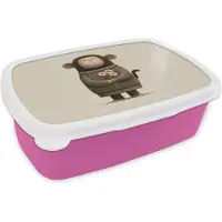MuchoWow Broodtrommel Roze - Lunchbox Aap - Roze bloemen - Speels - Brooddoos 18x12x6 cm - Brood lunch box - Broodtrommels voor kinderen en volwassenen
