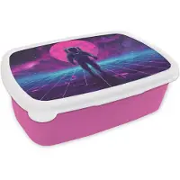 MuchoWow Broodtrommel Roze - Lunchbox Astronaut - Maan - Roze - Sterrennevels - Brooddoos 18x12x6 cm - Brood lunch box - Broodtrommels voor kinderen en volwassenen