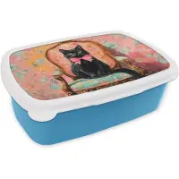 MuchoWow Broodtrommel Blauw - Lunchbox Kat - Roze - Stoel met bloemenmotief - Brooddoos 18x12x6 cm - Brood lunch box - Broodtrommels voor kinderen en volwassenen