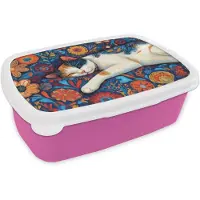 MuchoWow Broodtrommel Roze - Lunchbox Kat - Bloemenpatroon - Blauw - Oranje - Brooddoos 18x12x6 cm - Brood lunch box - Broodtrommels voor kinderen en volwassenen