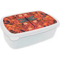 MuchoWow Broodtrommel Wit - Lunchbox Libel - Blauw - Vleugels - Bladeren - Brooddoos 18x12x6 cm - Brood lunch box - Broodtrommels voor kinderen en volwassenen