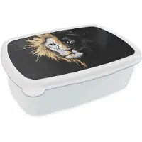 MuchoWow Broodtrommel Wit - Lunchbox Leeuw - Gesplitst - Zwart - Lijn - Brooddoos 18x12x6 cm - Brood lunch box - Broodtrommels voor kinderen en volwassenen