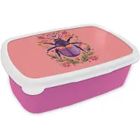 MuchoWow Broodtrommel Roze - Lunchbox Paars - Kever - Stipjes - Bloemen - Brooddoos 18x12x6 cm - Brood lunch box - Broodtrommels voor kinderen en volwassenen