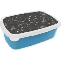 MuchoWow Broodtrommel Blauw - Lunchbox Terrazzo - Patroon - Zwart - Zacht - Brooddoos 18x12x6 cm - Brood lunch box - Broodtrommels voor kinderen en volwassenen