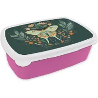 MuchoWow Broodtrommel Roze - Lunchbox Sierlijk - Vlinder - Groen - Bladeren - Brooddoos 18x12x6 cm - Brood lunch box - Broodtrommels voor kinderen en volwassenen