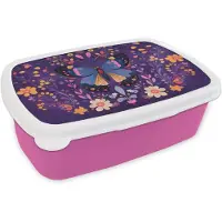 MuchoWow Broodtrommel Roze - Lunchbox Sierlijk - Bloemen - Vlinder - Paars - Brooddoos 18x12x6 cm - Brood lunch box - Broodtrommels voor kinderen en volwassenen