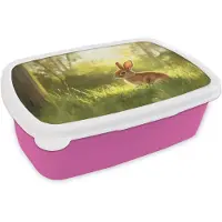MuchoWow Broodtrommel Roze - Lunchbox Konijn - Zonlicht - Bos - Brooddoos 18x12x6 cm - Brood lunch box - Broodtrommels voor kinderen en volwassenen
