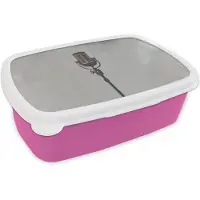 MuchoWow Broodtrommel Roze - Lunchbox Microfoon - Vintage - Illustratie - Grijs - Brooddoos 18x12x6 cm - Brood lunch box - Broodtrommels voor kinderen en volwassenen