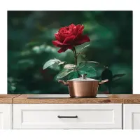 KitchenYeah Spatscherm keuken 120x80 cm - Kookplaat achterwand Roos - Bladeren - Dieprood - Muurbeschermer - Spatwand fornuis - Hoogwaardig aluminium
