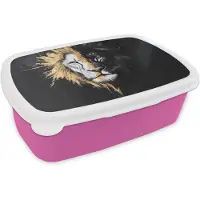 MuchoWow Broodtrommel Roze - Lunchbox Leeuw - Gesplitst - Zwart - Lijn - Brooddoos 18x12x6 cm - Brood lunch box - Broodtrommels voor kinderen en volwassenen