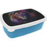 MuchoWow Broodtrommel Blauw - Lunchbox Leeuwenkop - Felgekleurd - Abstract - Brooddoos 18x12x6 cm - Brood lunch box - Broodtrommels voor kinderen en volwassenen