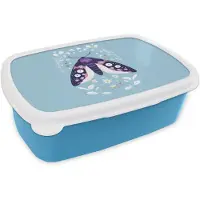 MuchoWow Broodtrommel Blauw - Lunchbox Bladeren - Wit - Vlinder - Insect - Brooddoos 18x12x6 cm - Brood lunch box - Broodtrommels voor kinderen en volwassenen