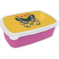 MuchoWow Broodtrommel Roze - Lunchbox Bloemen - Kleurrijk - Vlinder - Sierlijk - Brooddoos 18x12x6 cm - Brood lunch box - Broodtrommels voor kinderen en volwassenen