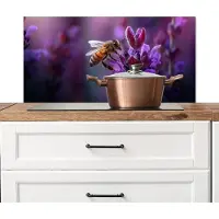 KitchenYeah Spatscherm keuken 90x45 cm - Kookplaat achterwand Honingbij - Paarse bloemen - Details - Muurbeschermer - Spatwand fornuis - Hoogwaardig aluminium