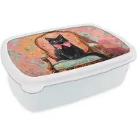 MuchoWow Broodtrommel Wit - Lunchbox Kat - Roze - Stoel met bloemenmotief - Brooddoos 18x12x6 cm - Brood lunch box - Broodtrommels voor kinderen en volwassenen
