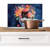 KitchenYeah Spatscherm keuken 60x40 cm - Kookplaat achterwand Kat - Felgekleurde bloemen - Vaas - Muurbeschermer - Spatwand fornuis - Hoogwaardig aluminium