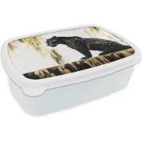 MuchoWow Broodtrommel Wit - Lunchbox Panter - Zwart - Abstract - Goud - Brooddoos 18x12x6 cm - Brood lunch box - Broodtrommels voor kinderen en volwassenen