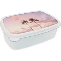 MuchoWow Broodtrommel Wit - Lunchbox Palmbomen - Paars - Wolken - Lucht - Brooddoos 18x12x6 cm - Brood lunch box - Broodtrommels voor kinderen en volwassenen