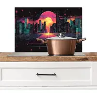 KitchenYeah Spatscherm keuken 70x50 cm - Kookplaat achterwand Stad - Gebouwen - Zon - Geel - Muurbeschermer - Spatwand fornuis - Hoogwaardig aluminium