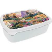 MuchoWow Broodtrommel Wit - Lunchbox Rivier - Vallei vol bloemen - Levendig - Brooddoos 18x12x6 cm - Brood lunch box - Broodtrommels voor kinderen en volwassenen