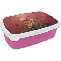 MuchoWow Broodtrommel Roze - Lunchbox Bloemenboeket - Diepte - Tastbare textuur - Brooddoos 18x12x6 cm - Brood lunch box - Broodtrommels voor kinderen en volwassenen