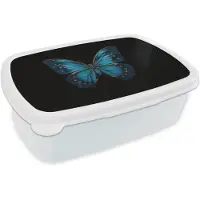 MuchoWow Broodtrommel Wit - Lunchbox Vlinder - Blauw - Contrast - Brooddoos 18x12x6 cm - Brood lunch box - Broodtrommels voor kinderen en volwassenen