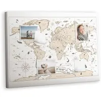 Tulup Prikbord - Vintage wereldkaart Kurkbord - 100 cm x 70 cm - Wit Prikbord - Houten Pinnen - Kurk Bedrukken - Prikbord Kinderkamer - Memobord Van Kurk - Decoratief Kurkbord - Kurk Prikbord Canvas
