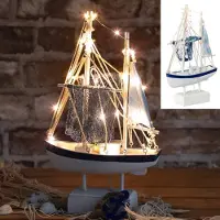 Cepewa Houten vissersboot wit en blauw met LED lichtjes ca32cm H