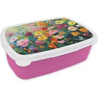 MuchoWow Broodtrommel Roze - Lunchbox Bloemen explosie - Heldere kleuren - Vrolijk - Brooddoos 18x12x6 cm - Brood lunch box - Broodtrommels voor kinderen en volwassenen