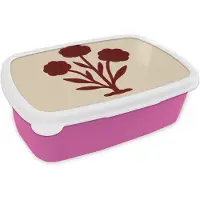 MuchoWow Broodtrommel Roze - Lunchbox Bloemen - Bladeren - Rood - Minimalistisch - Brooddoos 18x12x6 cm - Brood lunch box - Broodtrommels voor kinderen en volwassenen
