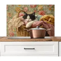 KitchenYeah Spatscherm keuken 90x60 cm - Kookplaat achterwand Kat - Bloemenprint - Rieten mand - Muurbeschermer - Spatwand fornuis - Hoogwaardig aluminium
