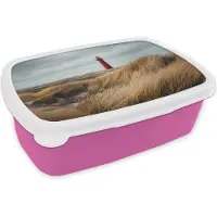 MuchoWow Broodtrommel Roze - Lunchbox Duinen - Vuurtoren - Rood - Lucht - Brooddoos 18x12x6 cm - Brood lunch box - Broodtrommels voor kinderen en volwassenen