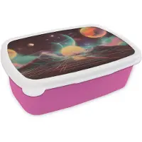 MuchoWow Broodtrommel Roze - Lunchbox Planeten - Neon - Berglandschap - Zon - Brooddoos 18x12x6 cm - Brood lunch box - Broodtrommels voor kinderen en volwassenen