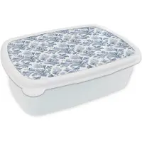 MuchoWow Broodtrommel Wit - Lunchbox Nautisch - Chic -Bladeren - Blauw - Brooddoos 18x12x6 cm - Brood lunch box - Broodtrommels voor kinderen en volwassenen