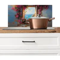 KitchenYeah Spatscherm keuken 60x30 cm - Kookplaat achterwand Kat - Blauwe zee - Roze bloemen - Muurbeschermer - Spatwand fornuis - Hoogwaardig aluminium