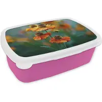 MuchoWow Broodtrommel Roze - Lunchbox Oranje bloemen - Levendig - Wazige achtergrond - Brooddoos 18x12x6 cm - Brood lunch box - Broodtrommels voor kinderen en volwassenen