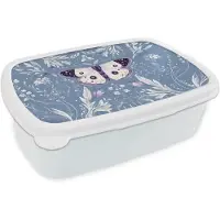 MuchoWow Broodtrommel Wit - Lunchbox Vlinder - Bloemtakken - Lichtblauw - Brooddoos 18x12x6 cm - Brood lunch box - Broodtrommels voor kinderen en volwassenen